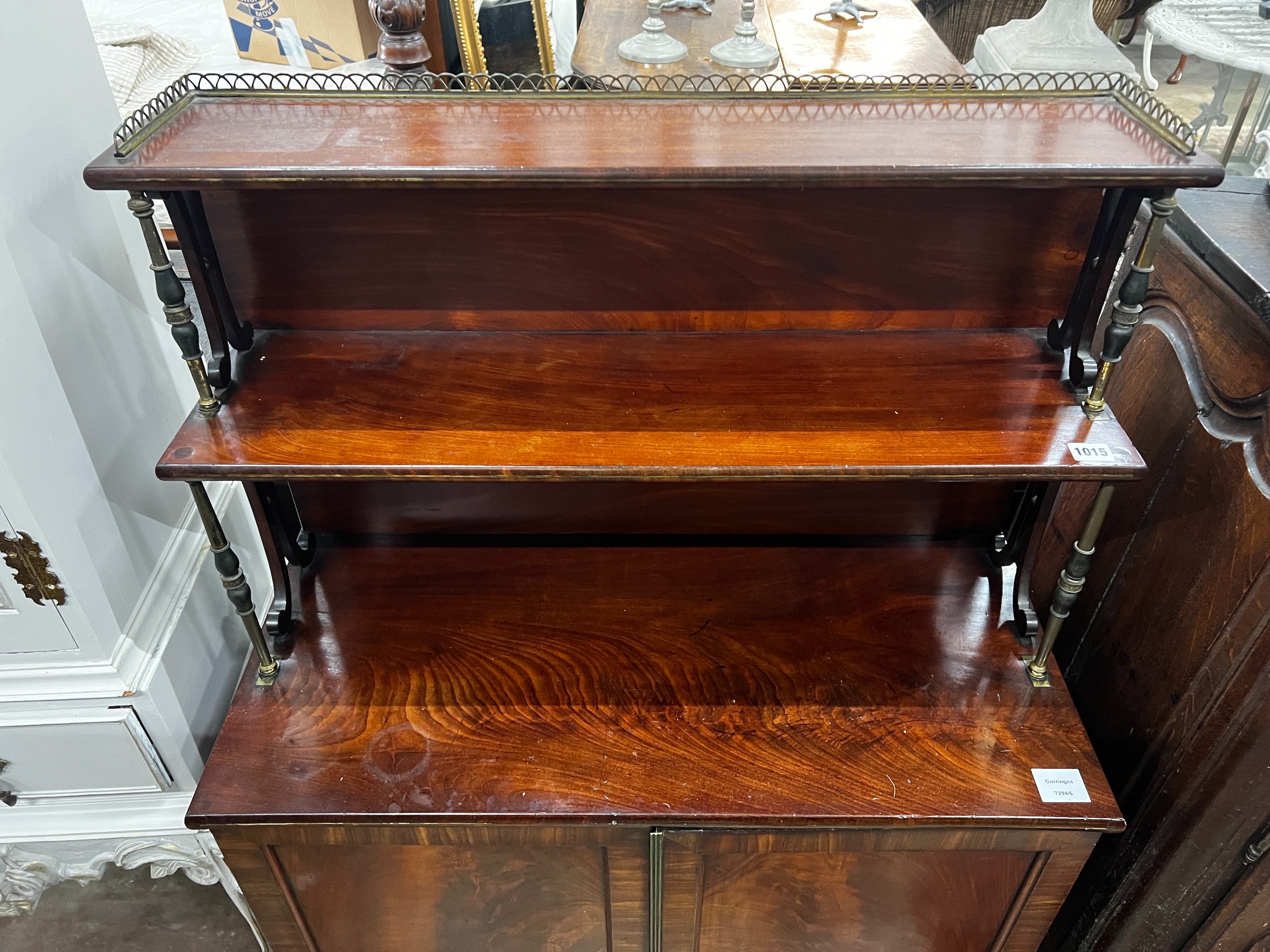 A small Regency mahogany and brass strung chiffonier, width 78cm, depth 37cm, height 122cm